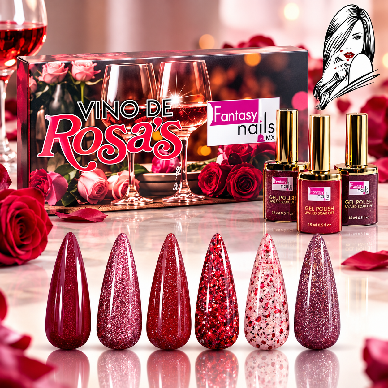 [30403000] COLECCION VINO DE ROSAS (6pcs) FANTASY NAILS