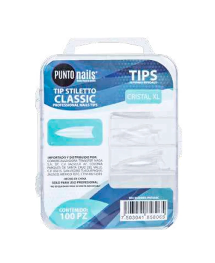 [7503041858041] PUNTO NAILS TIP ESTILLETO PUNTA LANZA CRISTAL XL 100PZ PNTE44C